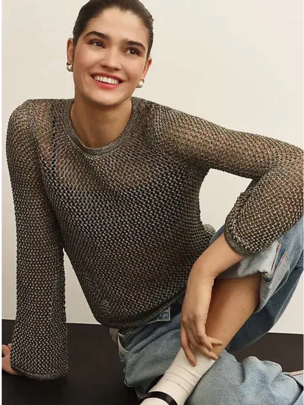 Anthropologie Metallic Open-Knit Long Sleeve Top - Bronze